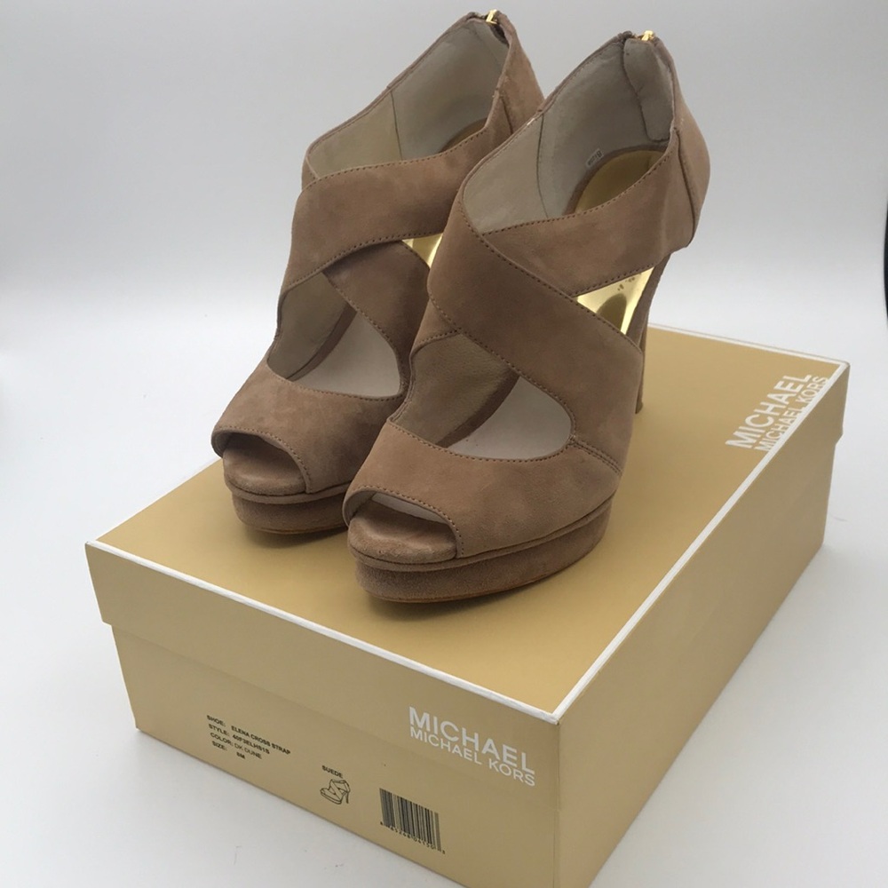 MICHAEL Michael Kors Elena Cross Strap Dk‎ Dune Suede Platform Heels w/box Sz 8M